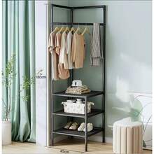 Multi-Functional Corner Garment Rack, Iron Frame Freestanding Clothing Hanger Stand With Storage Layers, L-Shaped Nook Clothes Organizer For Apartment Dorm Entryway Use - Black - View 11
