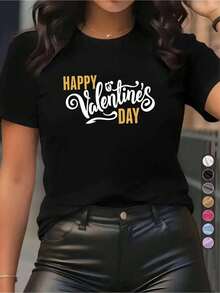 Unisex T-Shirts - Valentine's Day | Happy Valentine's Day Print, Round Neck, Short Sleeve, Casual And Party Wear, Suitable For Women, Blouses, Women's T-Shirts, Blouse, T-Shirts - 黑色 - 查看 1