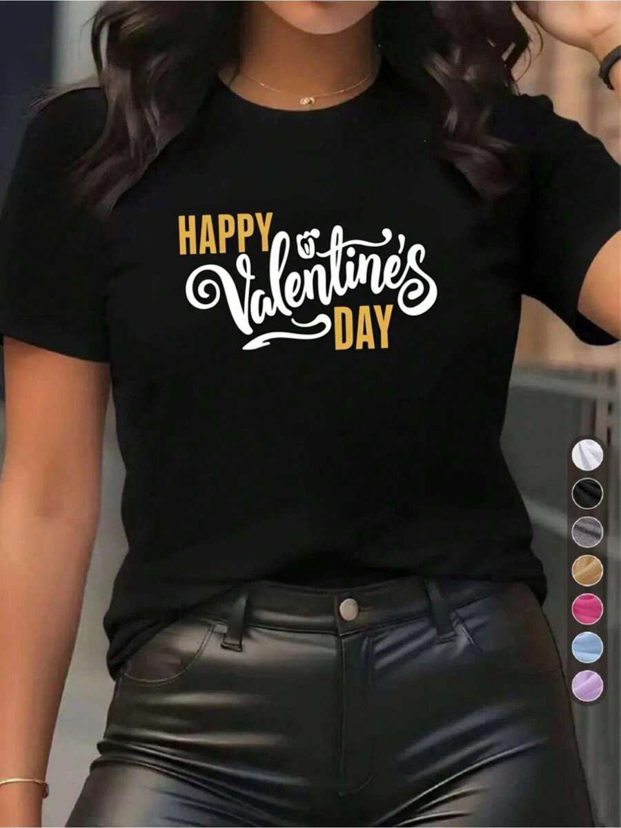 Unisex T-Shirts - Valentine's Day | Happy Valentine's Day Print, Round Neck, Short Sleeve, Casual And Party Wear, Suitable For Women, Blouses, Women's T-Shirts, Blouse, T-Shirts - 黑色 - 查看 1