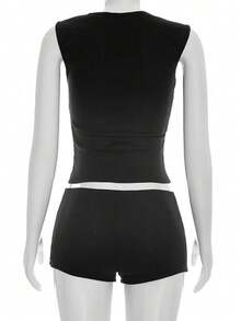 Summer Fashion Women's Black Round Neck Sleeveless Hollow-Out Tank Top And Shorts Set, Casual Sexy Party Wear - Black - View 11
