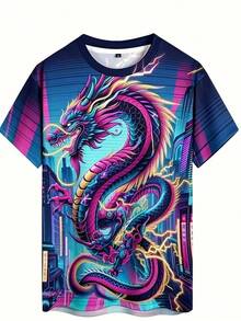 Men's Short-Sleeved T-Shirt, Size, With 3D Digital Dragon Print, Round Neck, Loose Fit, Casual, For Summer. - Hitam dan Putih - View 2