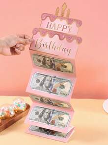 1 Set Pink Gold Happy Birthday Folding Cash Card, Pink Birthday Cake Pattern, Folding Money Card And Envelope, Perfect Choice For Birthday Party Supplies - Multicolor - View 6