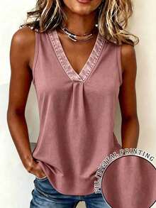 - Top de Mujer de Corte Regular con Estampado Efecto Denim, Bloques de Color y Adornos de Pedrería, Nueva Colección - Color caoba - Ver 20