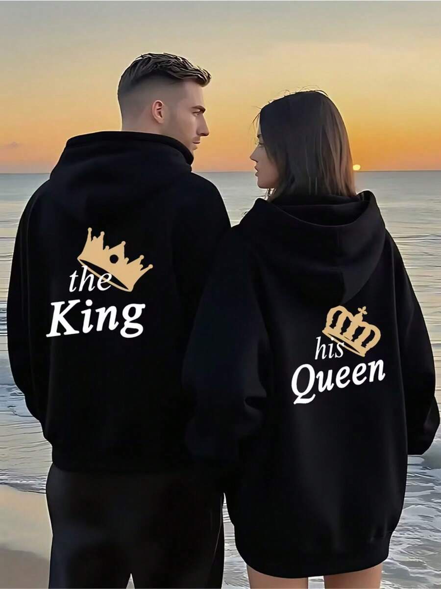 - Black Sweatshirt With A Gold Crown Design And The Words "King" And "His Queen" - Ideal For Enjoying Sunsets On The Beach, Romantic Outdoor Activities, And As A Unique Gift. - 女生情侶衛衣黑色 - 查看 1