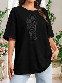 camisetas casuales góticas de oración con gráfico de tatuaje de Santa Judá en inglés para mujer, camisetas elegantes, religiosas, católicas cristianas, novedosas, para damas - Negro - Ver 2