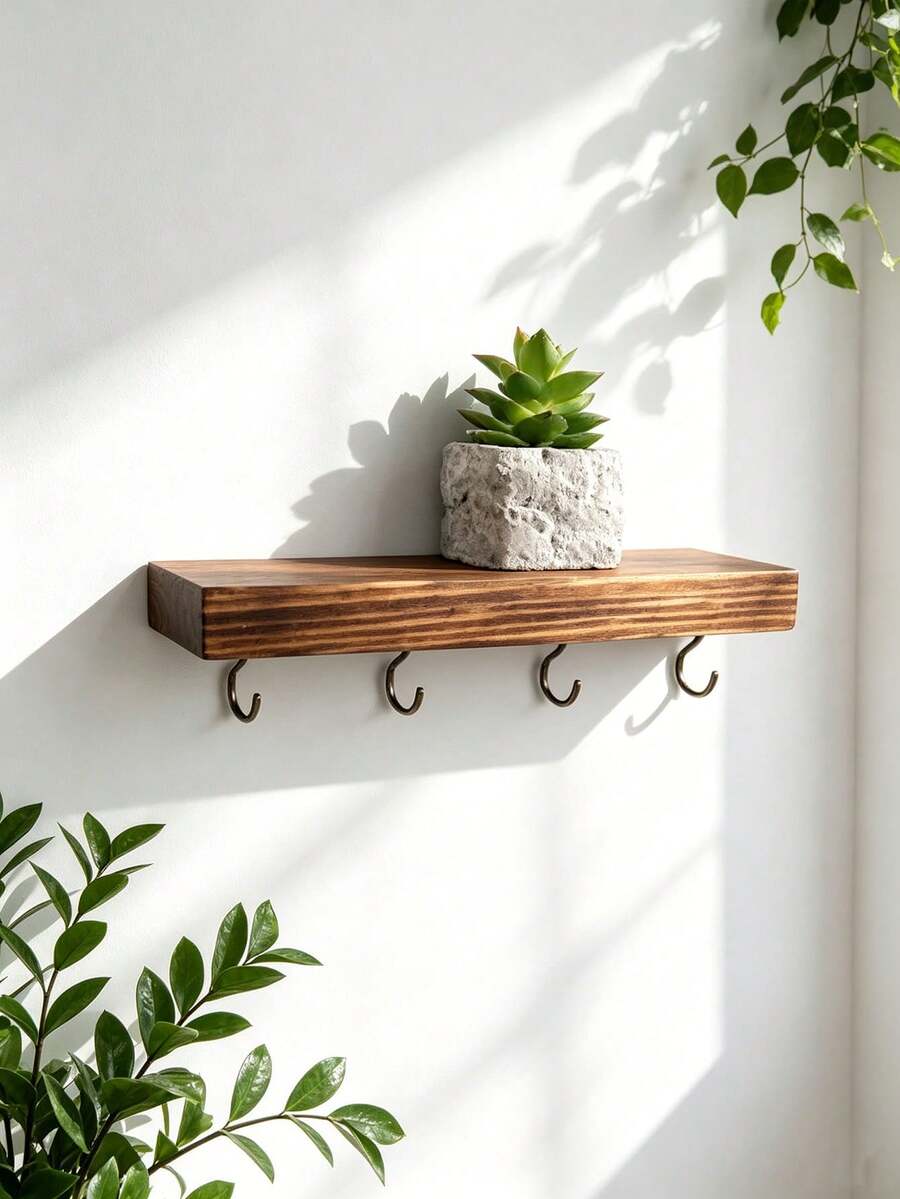 Rural Style Wooden Key Hook | Small Wall Mounted Floating Shelf | Simple Household Storage Rack, Room Decor,Bedroom Decor With Universal Home Decor - View 1