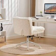 Office Chair With Wider Seat (67 Cm), Faux Rabbit Fur Upholstery, Metal Base, Swivel And Adjustable Office Chair, Dressing Table Chair (Cream), DE1875CM - 白色 - 查看 4