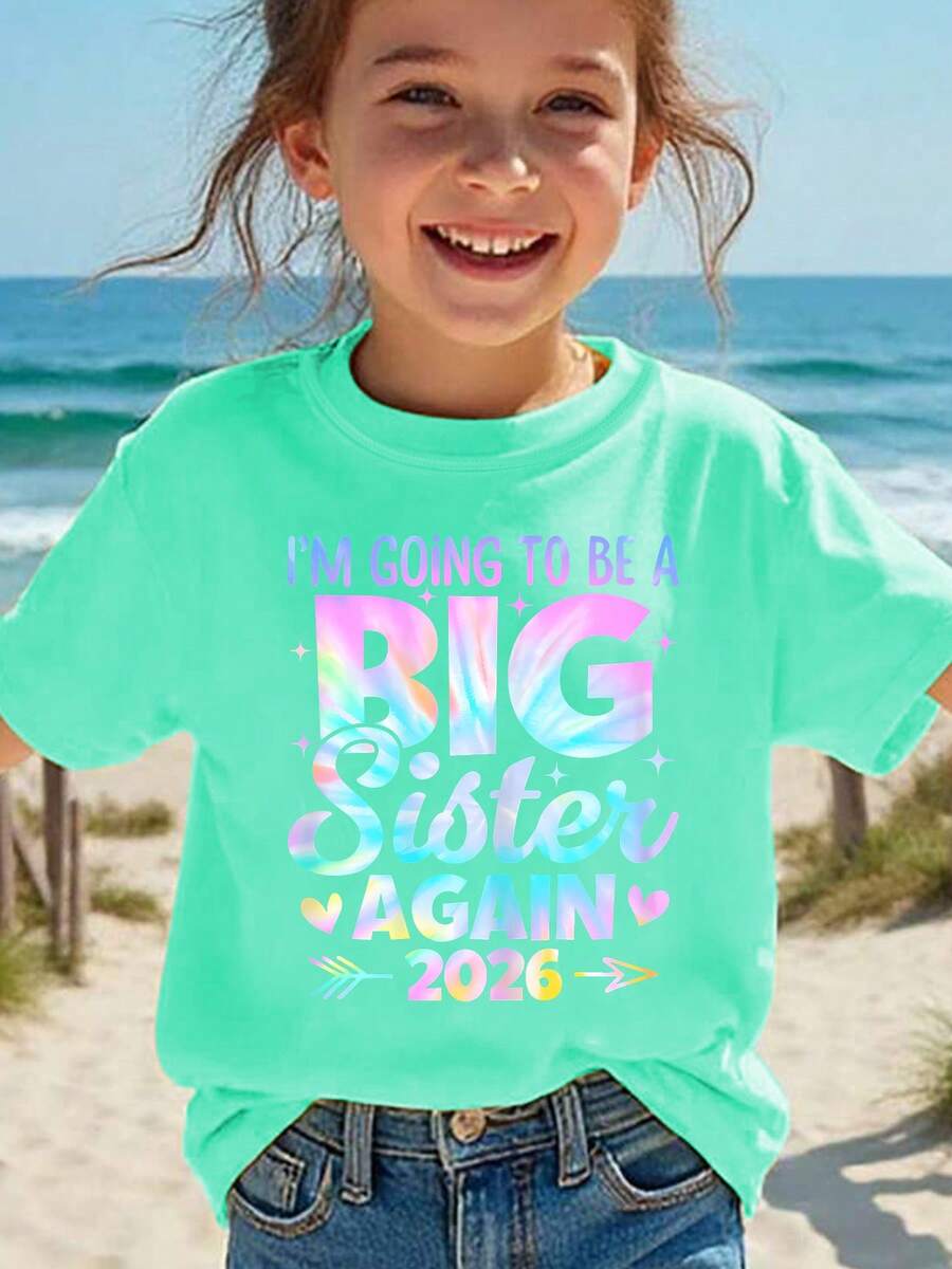 Girls' Short-Sleeved T-Shirt, Summer Fashion, With Laser-Engraved Letter Print "I Want To Be The Big Sister Again 2026", Versatile Casual Top NY-DX8994 - 綠色 - 查看 1