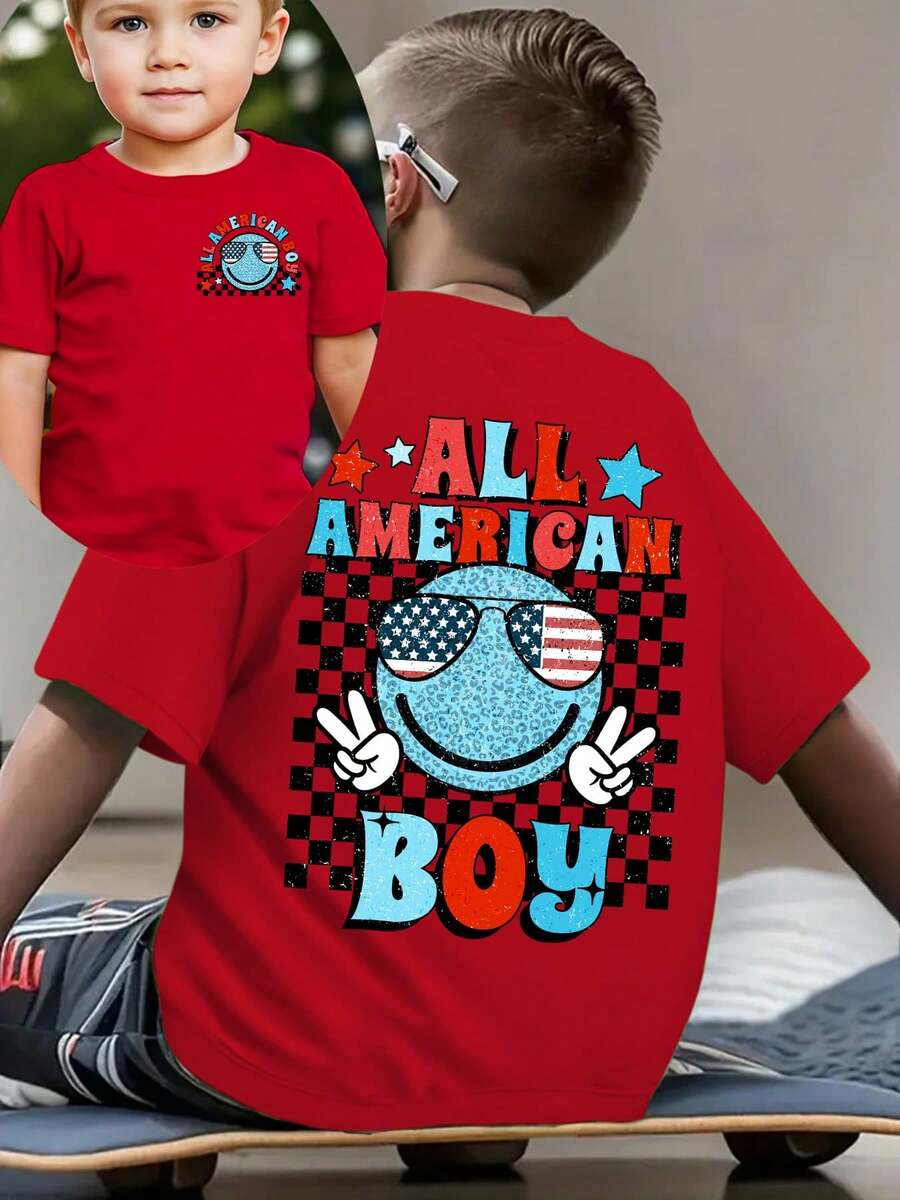 Fashionable Short-Sleeved T-Shirt For Boys 'American Independence Day' 'ALL AMERICA BOY' With Plaid Elements And Double-Sided Cartoon Print, Casual Outdoor Top - 紅色 - 查看 1