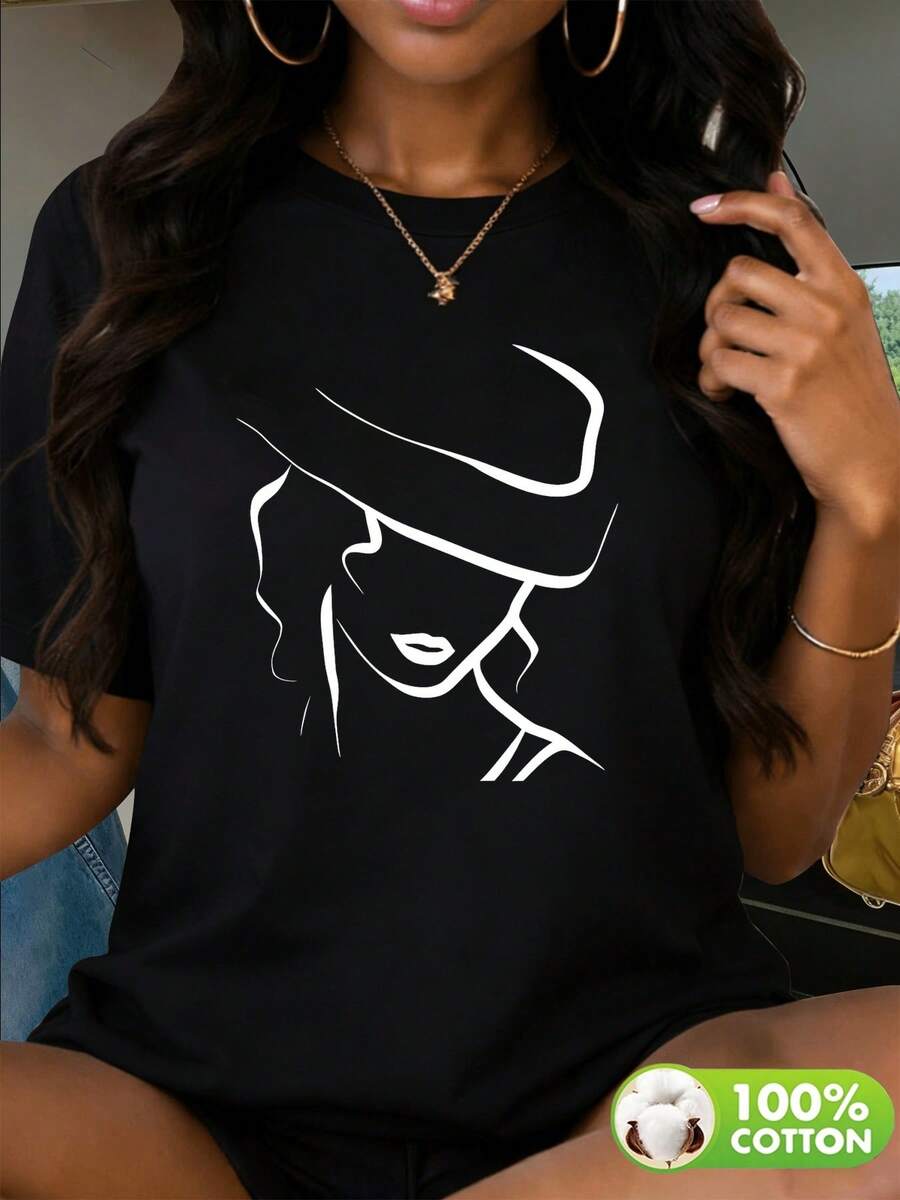 Women's 100% Pure Short-Sleeved T-Shirt With A Feminine Silhouette Print, Hooded, Loose And Fitted Cut, Ideal For Various Occasions Such As Daily Commutes, Casual Outings, - 黑色 - 查看 1