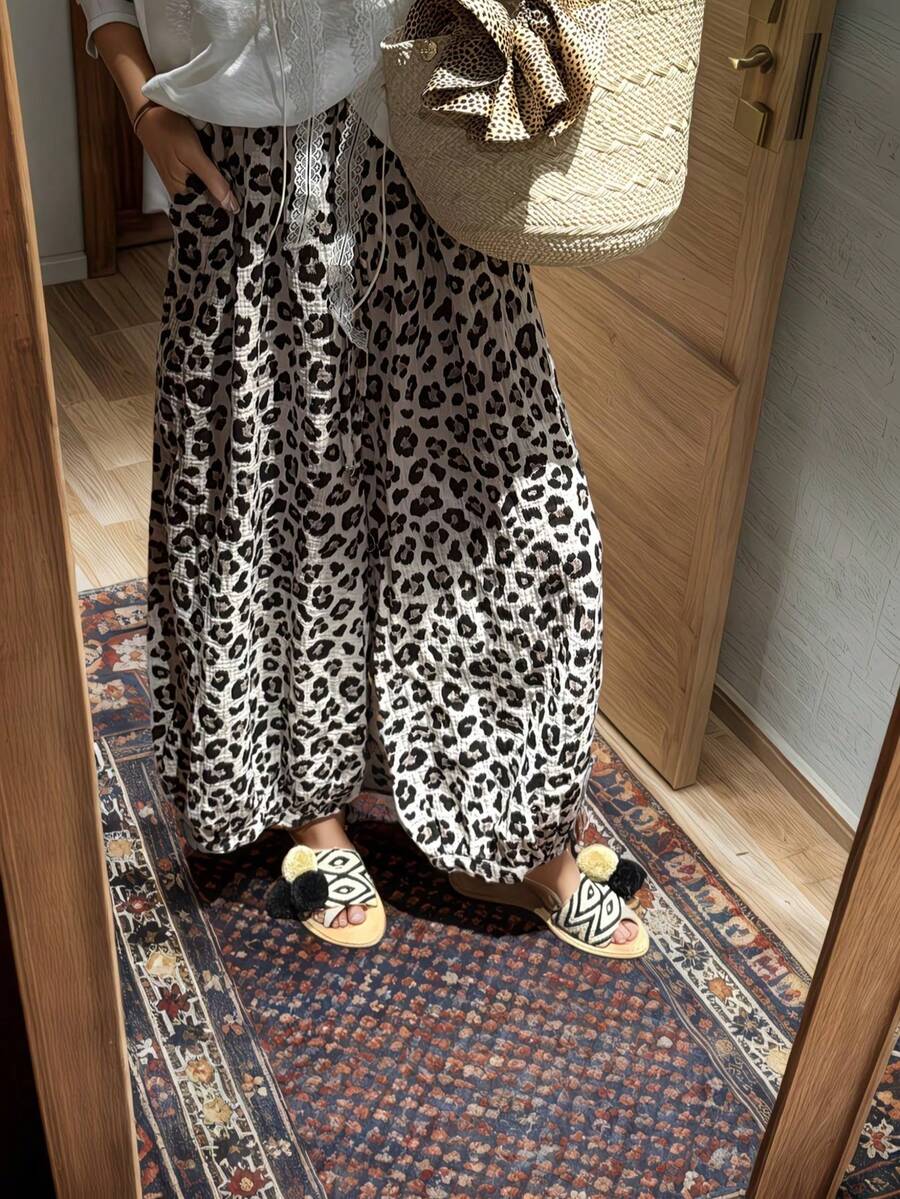 Plus Size Women's Leopard Print Loose Lantern Pants Vacation - Khaki - View 1