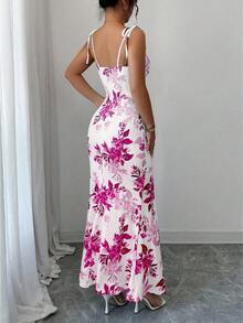 Women's Floral Mermaid Maxi Dress With Thin Straps And Bow, Square Neck, Ruched, Bodycon, For Wedding Guests, Beach Vacations And Date Nights. - 粉色 - 查看 2