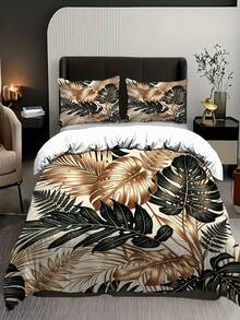 3pcs Black Gold Tropical Palm Leaf Pattern Duvet Cover Set (1*Duvet Cover + 2*Pillowcase, Without Core), Modern Minimalist Aesthetic, Luxury Vintage Monstera Fern Jungle Botanical Bedding Sleek Contemporary Bedding, Room Decor For Bedroom, Apartment - Multicolor - View 8