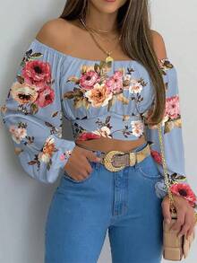 Elegant Women's Blouse With Bohemian Print, Short Loose Lantern Sleeves, Off-Shoulder, For Summer - 白色 - 查看 4