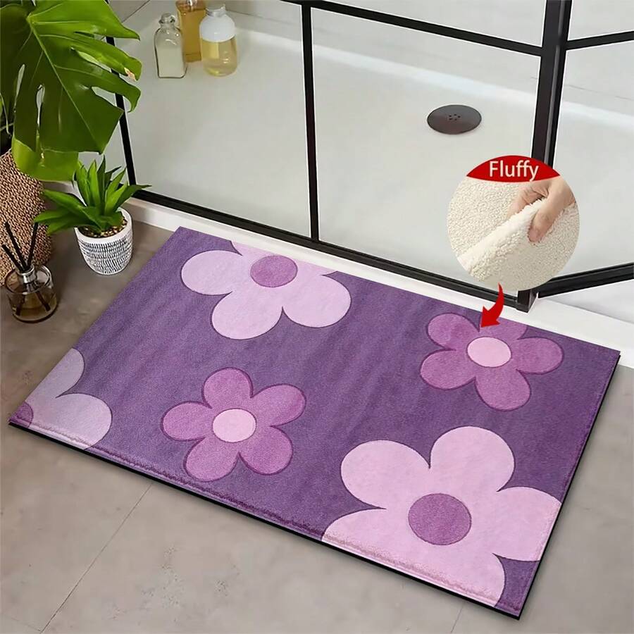 1pc Elegant Floral Pattern Microfiber Bath Rug,Non-Slip And Soft Bathroom Mat,Doormat,Water Absorption Mat,Machine Washable,Low Pile,TPR Backing,Knit Fabric,ForBedroom,Kitchen, Entryway,Indoor Use,Accessories & Home Decor,Perfect New Home Gift. - Purple - View 1