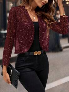 Women's Glitter Sequin Cardigan Jacket, Pleated Fabric With Gold Foil, 3/4 Sleeves, Business Casual For Women - 酒紅色 - 查看 3