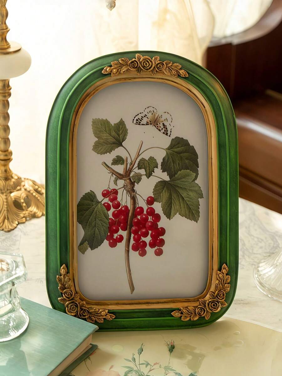 Green/Black Vintage Arch-Shaped Picture Frame, 5x7 And 8x10 Inch Vintage Picture Frame, Exquisite Gold Floral Pattern, Hand-Textured Resin, Antique Picture Frame, Suitable For Wall Decor, Also As Wedding Bride Gift Or Holiday Gift