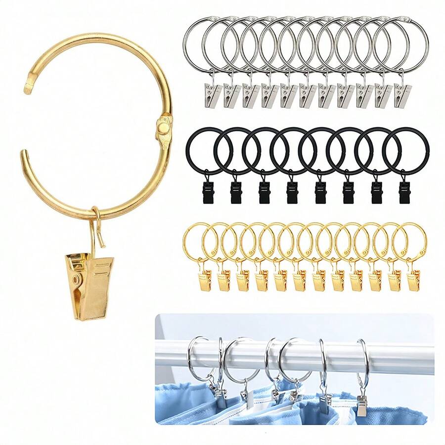 10pcs/30pcs/50pcs Curtain Rings With Clips (32mm/1.25inch) Inner Diameter, Hanging Rings And Curtain Hooks, No Need To Remove Curtain Rod, Roman Rod, Easy Installation, Suitable For Living Room And Bedroom Curtain Hooks, Shower Curtain Hooks Decorative Curtain Rings (Gold, Black, Silver) - Multicolor - View 1
