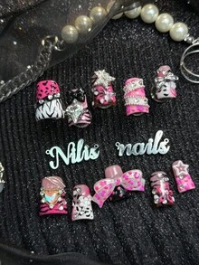 10 piezas de uñas postizas cortas tipo pato totalmente cubiertas hechas a mano, uñas rosas, estilo dulce picante girly punk Y2K, uñas postizas reutilizables con pegamento de gelatina y lima de uñas, adecuadas para festival de música, fiesta de cumpleaños, atuendo casual de calle, estilo diario de chicas - Rosa - Ver 3