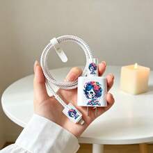 5件組適用於 18W/20W充電器保護套 TPU軟殼 防摔骷髏女性款 Apple USB-C轉Lightning充電數據線保護套 防斷線手機配件裝飾，送給朋友與家人的理想禮物 - 多色骷髏女人 - 查看 1