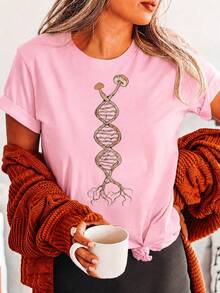 Summer 2026 Pure Cotton T-Shirt With  Mushroom And DNA Letter Print, Casual Short Sleeve Round Neck Top, Women's Spring/Summer Clothing - Unisex T-Shirt - 粉色 - 查看 1