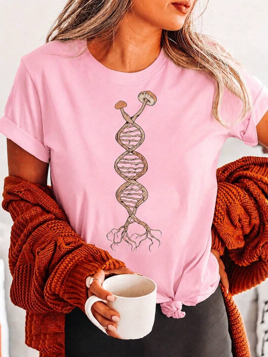 Summer 2026 Pure Cotton T-Shirt With Mushroom And DNA Letter Print, Casual Short Sleeve Round Neck Top, Women's Spring/Summer Clothing - Unisex T-Shirt - 粉色 - 查看 1