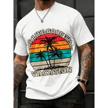 Verano, Cuello Redondo, Camiseta, Hombre, Diseño de Palmeras y Atardecer Vintage, Algodón Suave y Cómodo, Vacaciones en la Playa - Blanco - Ver 1