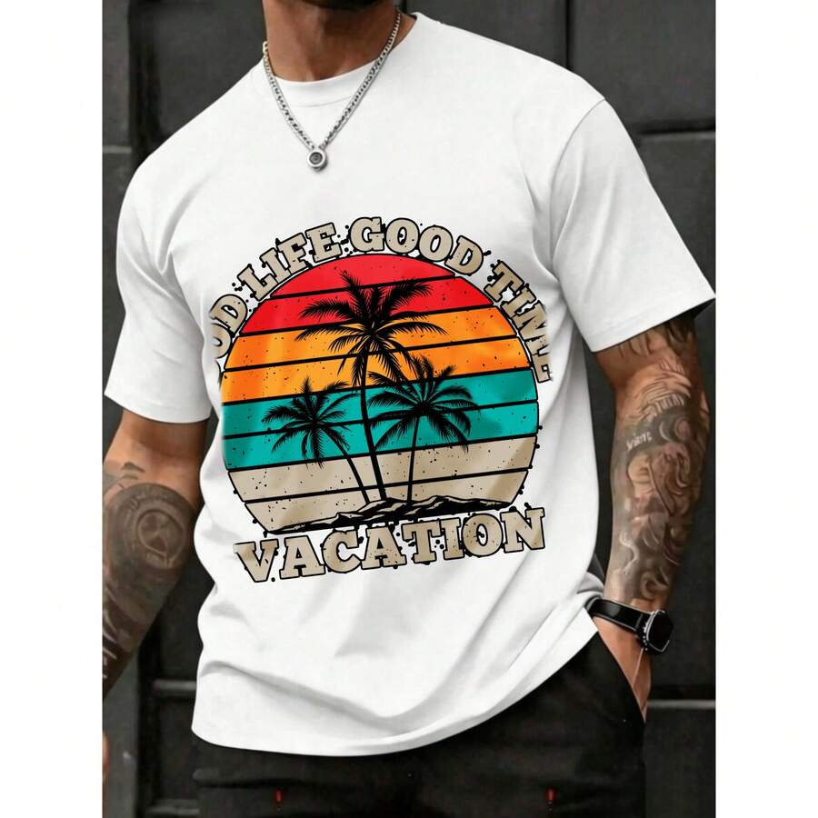 Verano, Cuello Redondo, Camiseta, Hombre, Diseño de Palmeras y Atardecer Vintage, Algodón Suave y Cómodo, Vacaciones en la Playa - Blanco - Ver 1