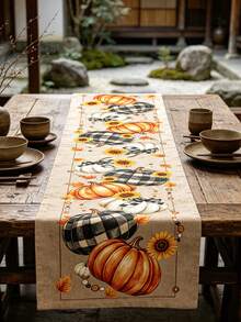 1/100pcs 35*180cm Autumn Decorative Table Runner, Cute Pumpkin Sunflower Maple Leaf Theme Tablecloth Halloween Table Decor, Seasonal Autumn Thanksgiving Kitchen Dining Table Decoration Home Decor, Indoor And Outdoor Use, Holiday Table Decor, Halloween Party Supplies. - Multicolor - View 8