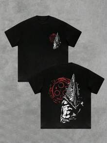 Símbolo rojo con figura de guerrero triangular que representa fuerza y misterio Camiseta doble cara para hombre cómoda para uso diario - Negro - Ver 1