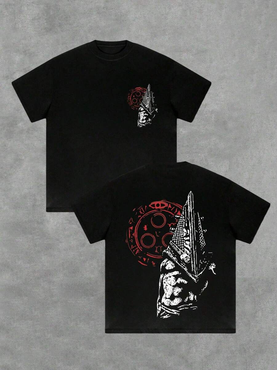 Símbolo rojo con figura de guerrero triangular que representa fuerza y misterio Camiseta doble cara para hombre cómoda para uso diario - Negro - Ver 1
