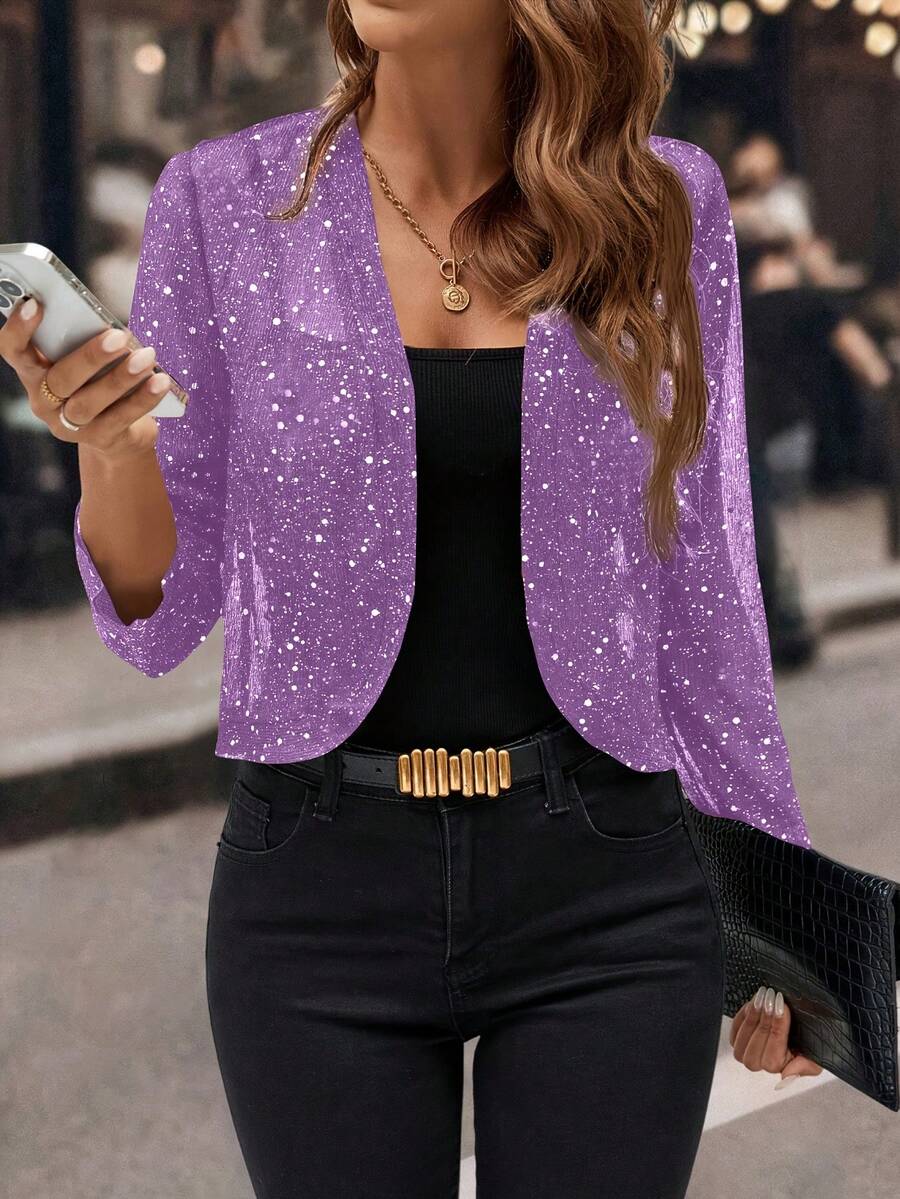 Women's Glitter Sequin Cardigan Jacket, Pleated Fabric With Gold Foil, 3/4 Sleeves, Business Casual For Women - 紫色 - 查看 1