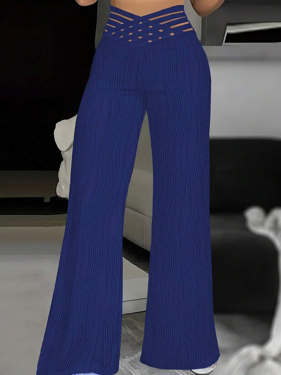 Women's Trousers 2025 Summer Fashion Overlay Waist Mesh Sheer Patch Casual Plain High Waist Wide Leg Long Flared Trousers Streetwear - 藍色 - 查看 1