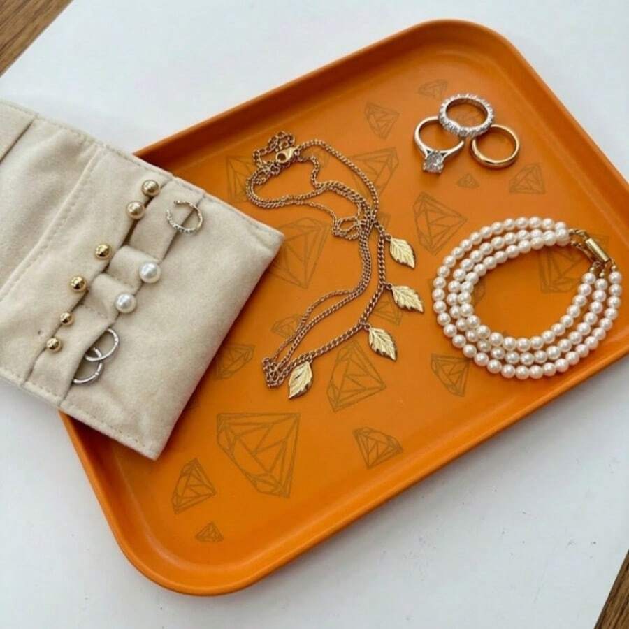 Square Multi-Purpose Countertop Tray, Vintage Diamond Fashion Pattern, Daily Accessory And Decor Storage Tray, Jewelry Box And Organizer > Jewelry Tray Decorative Tray, Used For Bathroom Toiletries Tray, Cosmetic Storage Tray, Jewelry Key Display Tray - Orange - View 1