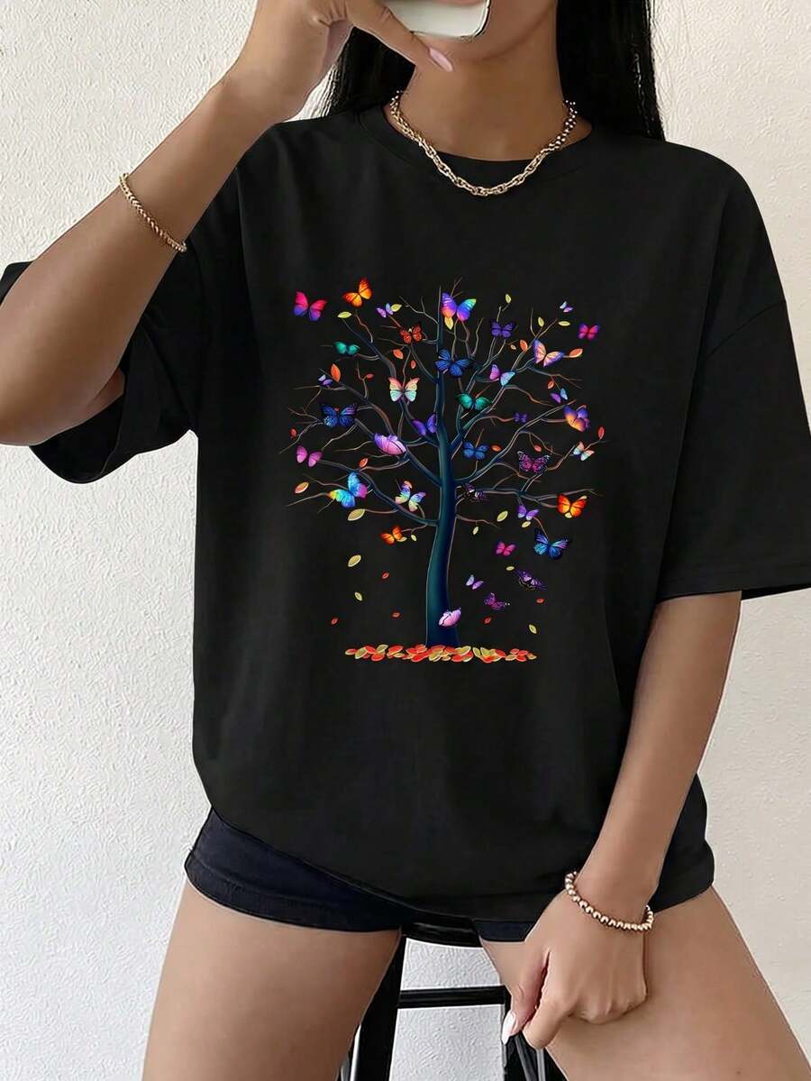 Playera algodón mujer casual cuello redondo manga corta largo regular estampado árbol y mariposa