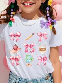 Camiseta de Niño Niña con Estampado de Lazos Rosas Manzana Libro Lápiz Globo Terraqueo y Vaso de Café Estilo Colegial y Coqueto para Ropa de - Blanco - Ver 2