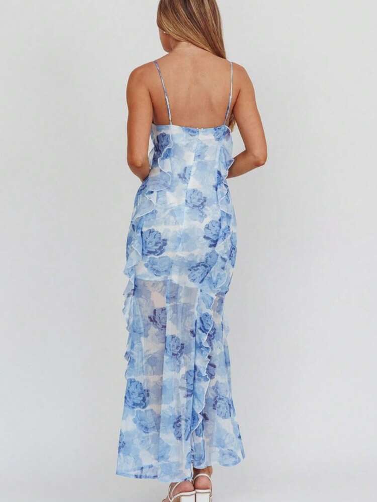 Vestidos elegantes fiesta casuales hombros descubiertos gasa estampado largo elegante moda europea nuevo - Azul - Añade 6