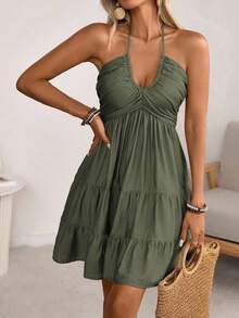 Women's Halter V-Neck Mini Dress, Ruched And Layered, Sleeveless, Ideal For Beach Vacations, Casual Daily Wear And Outdoor Picnic Outfits. - 橄欖綠 - 查看 3