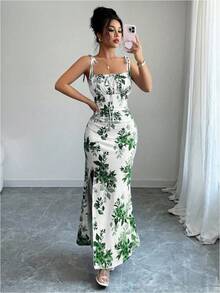 Women's Floral Mermaid Maxi Dress With Thin Straps And Bow, Square Neck, Ruched, Bodycon, For Wedding Guests, Beach Vacations And Date Nights. - 綠色 - 查看 5