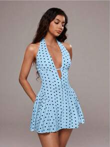 Women's Short Dress With Deep V-Neck And Open Back, Polka Dot Print, Vacation Style, For Summer - Biru - View 6