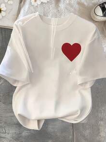 Short-Sleeved T-Shirt With Round Neck And Red Heart Print 9TDB - Mocha Brown - View 5