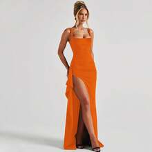 Vestido de noche largo estilo INS para mujer, moda de verano 2026, sexy, sin tirantes, sin espalda, con abertura alta. - Bronce - Ver 1