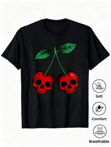 1pc Camisetas para mujer,Camisetas Para Hombre,cuello redondo,estilo urbano juvenil,cráneos en forma de cerezas,para jóvenes y adultos,ideal para fiestas y eventos casuales - Negro - Ver 1