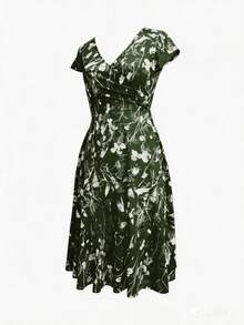 Midi Dress With Pocket And V-Neck, Elegant Floral Print For Spring, Summer And Autumn - 綠色的 - 查看 4