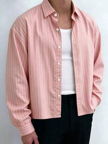Men's Single-Breasted Casual Commute Striped Short-Length Long Sleeve Shirt - Pink - View 2