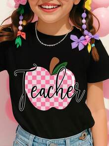 Boys' And Girls' T-Shirt With Apple And Teacher Letters, Casual Short Sleeve School Shirt, Comfortable Back-To-School Clothes - 黑色 - 查看 2
