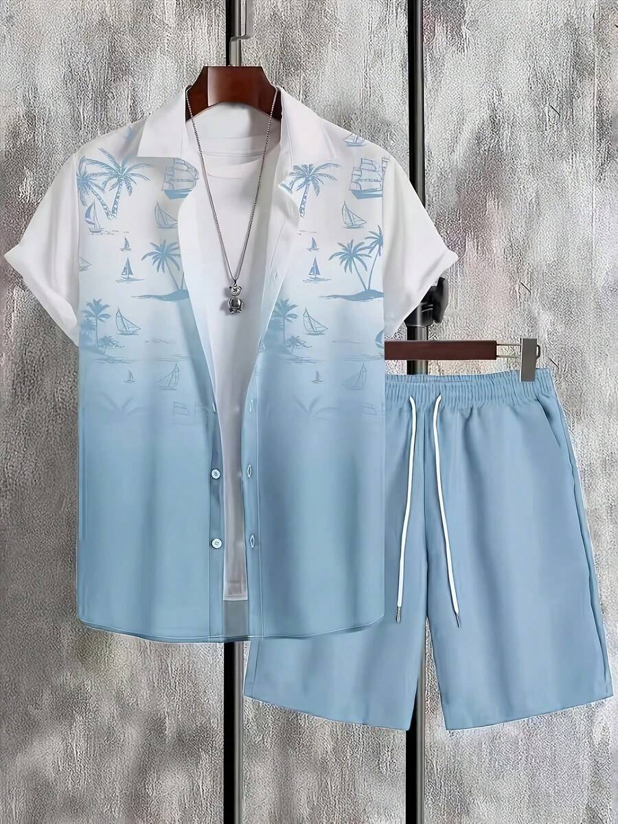 Men's 3D Palm Print Collared Shirt Set, Short Sleeves, Pocket And Drawstring Shorts, Loose And Comfortable, Ideal For Spring/Summer. - White - View 1