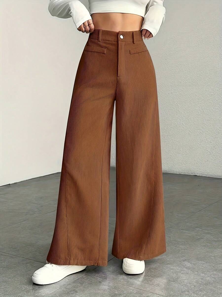 Pantalones de Mujer de Cintura Alta y Pierna Ancha - Textura de Pana, Pantalones Casuales, Cómodos para Todas las Estaciones, Lavables a Máquina - [Cafetería] - Ver 1