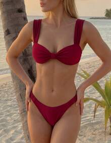 Women's Bikini With Thick Straps, Ruched Detail, High-Cut Bottom, Beachwear, Summer Style - Rojo - Ver 1