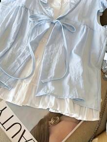Elegante conjunto de dos piezas de imitación de camisa, vestido babydoll plisado, juvenil y holgado para mujer. - Azul - Ver 3
